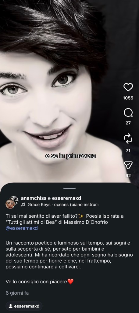 Ritratto in bianco e nero di una giovane donna con capelli scuri e occhi chiari, che sorride. Il testo in sovrimpressione dice: 'e se in primavera'.