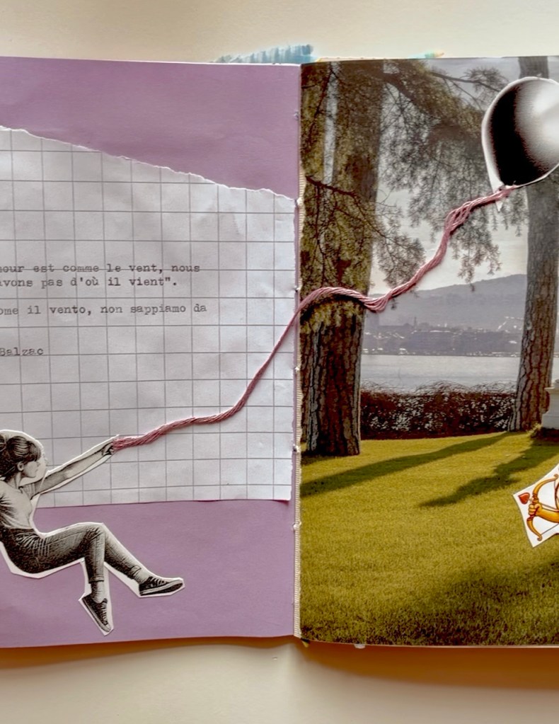 Pagina di un libro illustrato con un collage che mostra una bambina che tiene una corda, un palloncino e una citazione sul vento, con un paesaggio di alberi e un lago sullo sfondo.